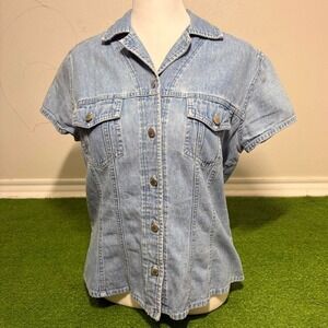 Vintage‎ Y2K AT Denim Button Up Short Sleeve Western Coastal Cowgirl Fitted